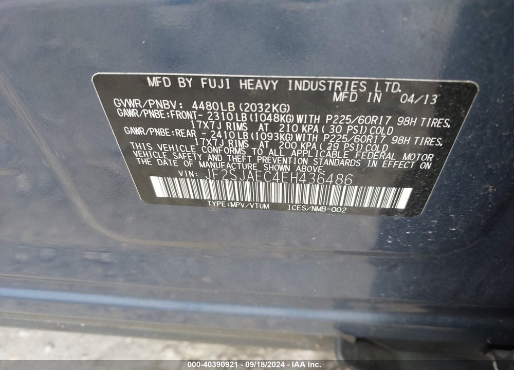 2014 SUBARU FORESTER 2.5I PREMIUM VIN: JF2SJAEC4EH436486