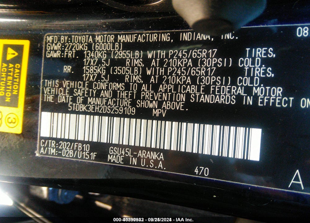 2013 TOYOTA HIGHLANDER BASE V6 VIN: 5TDBK3EH2DS259109