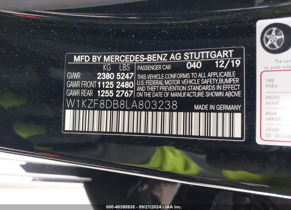 2020 MERCEDES-BENZ E 350 VIN: W1KZF8DB8LA803238
