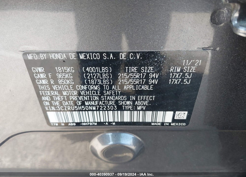 2022 HONDA HR-V 2WD EX VIN: 3CZRU5H50NM722303