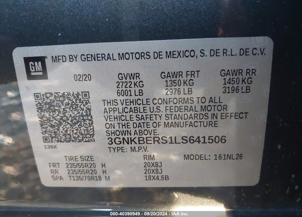 2020 CHEVROLET BLAZER FWD RS VIN: 3GNKBERS1LS641506