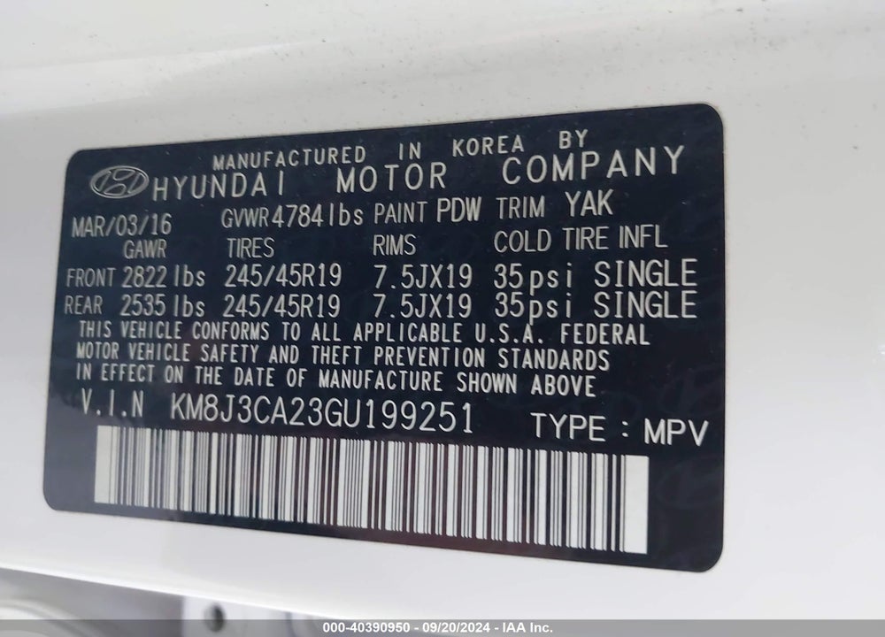 2016 HYUNDAI TUCSON LIMITED VIN: KM8J3CA23GU199251