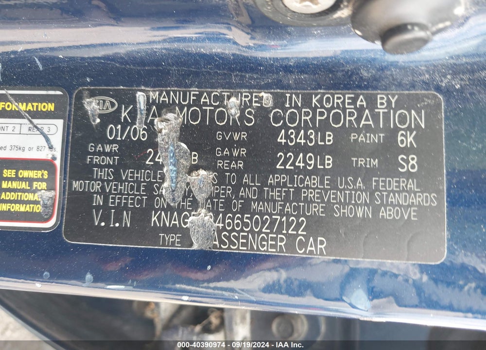 2006 KIA OPTIMA EX V6 (NEW)/LX V6 (NEW) VIN: KNAGE124665027122
