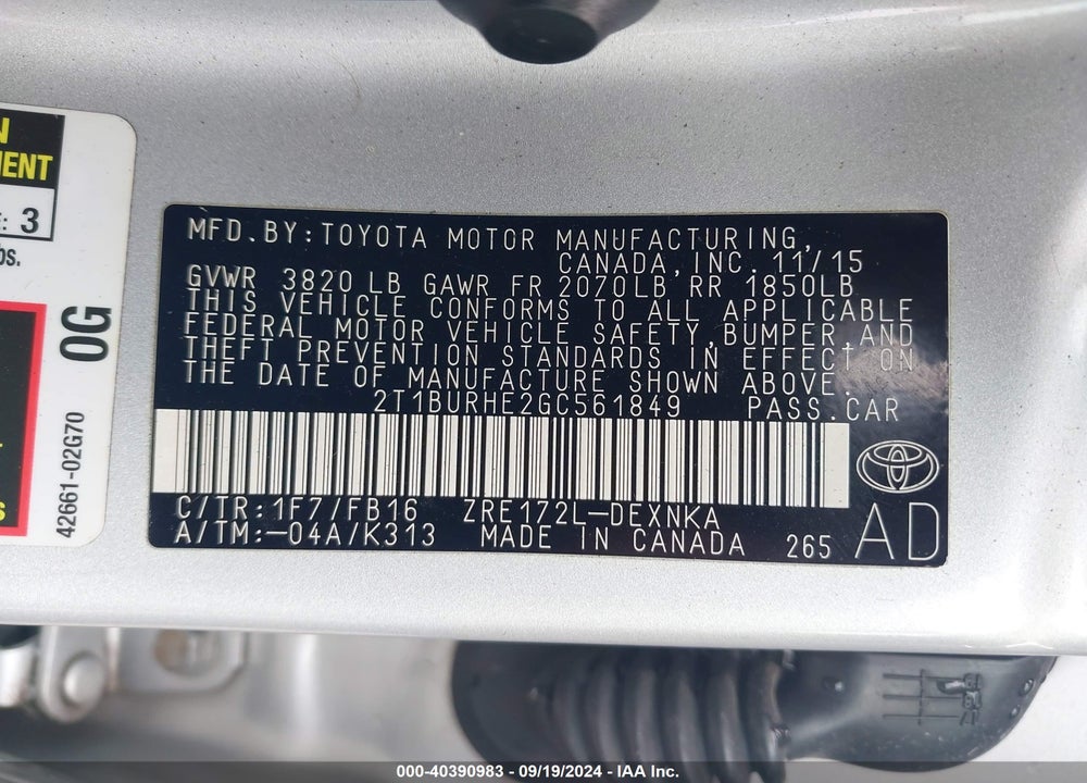 2016 TOYOTA COROLLA LE VIN: 2T1BURHE2GC561849