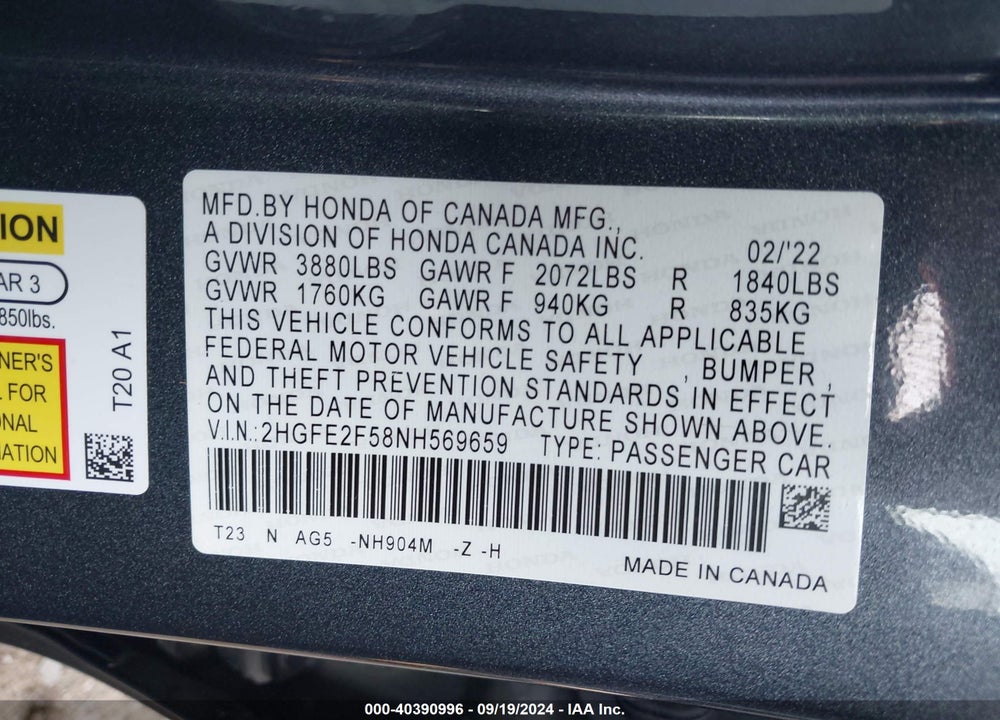 2022 HONDA CIVIC SPORT VIN: 2HGFE2F58NH569659