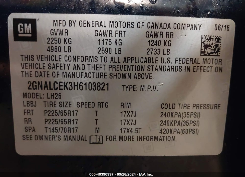2017 CHEVROLET EQUINOX LT VIN: 2GNALCEK3H6103821