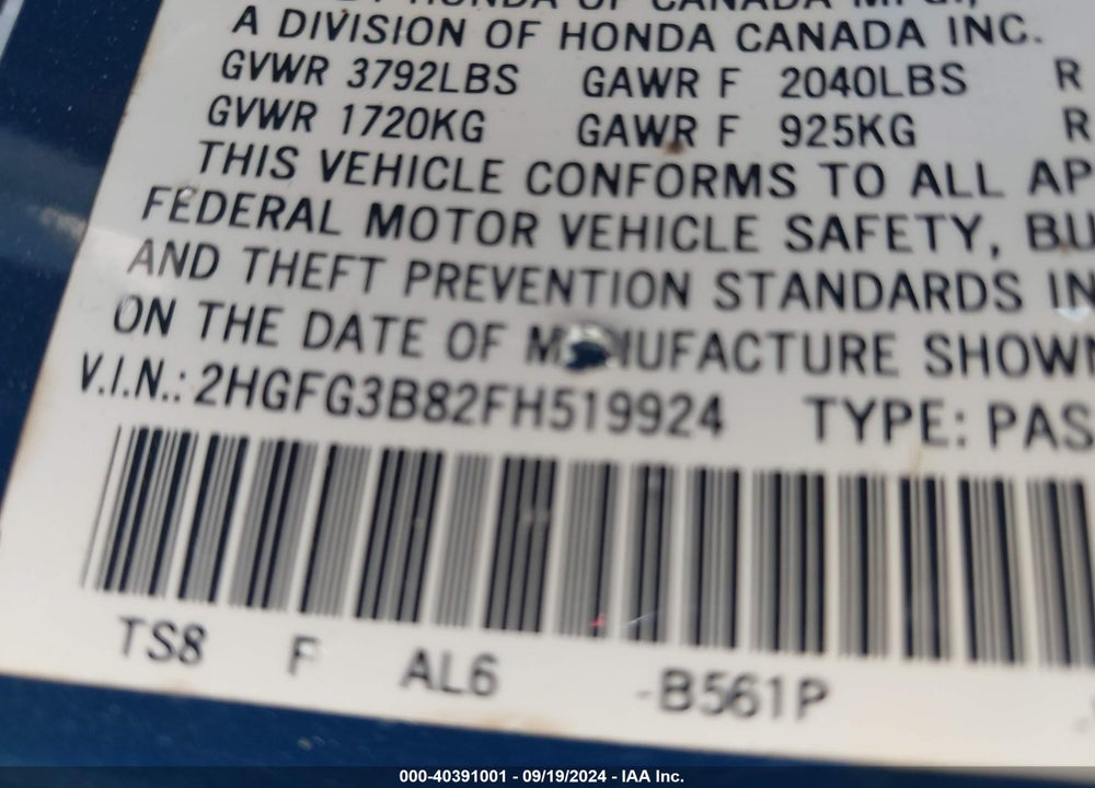 2015 HONDA CIVIC EX VIN: 2HGFG3B82FH519924