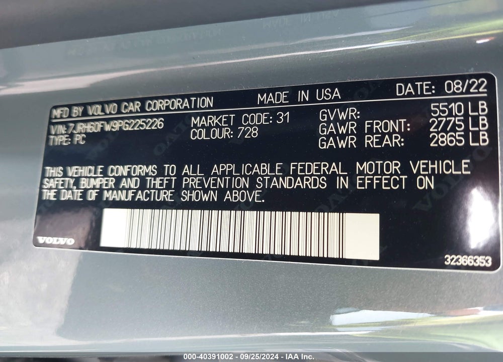 2023 VOLVO S60 RECHARGE PLUG-IN HYBRID T8 PLUS DARK THEME VIN: 7JRH60FW9PG225226