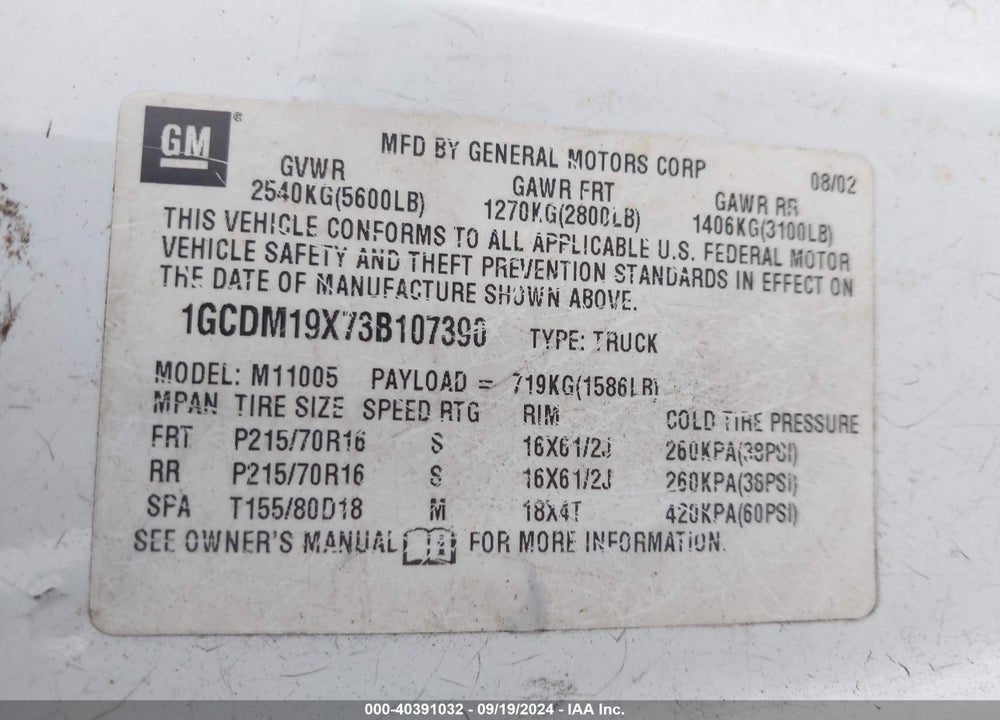 2003 CHEVROLET ASTRO VIN: 1GCDM19X73B107390