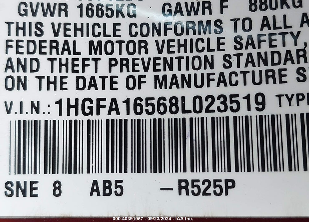 2008 HONDA CIVIC LX VIN: 1HGFA16568L023519