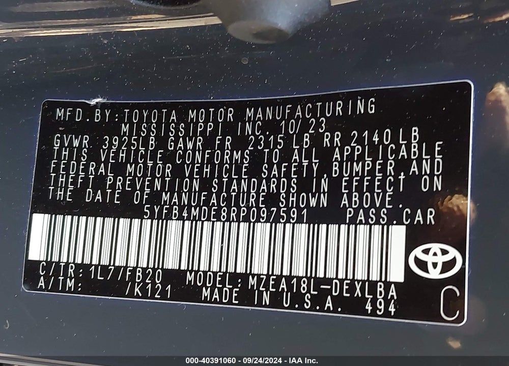 2024 TOYOTA COROLLA LE VIN: 5YFB4MDE8RP097591