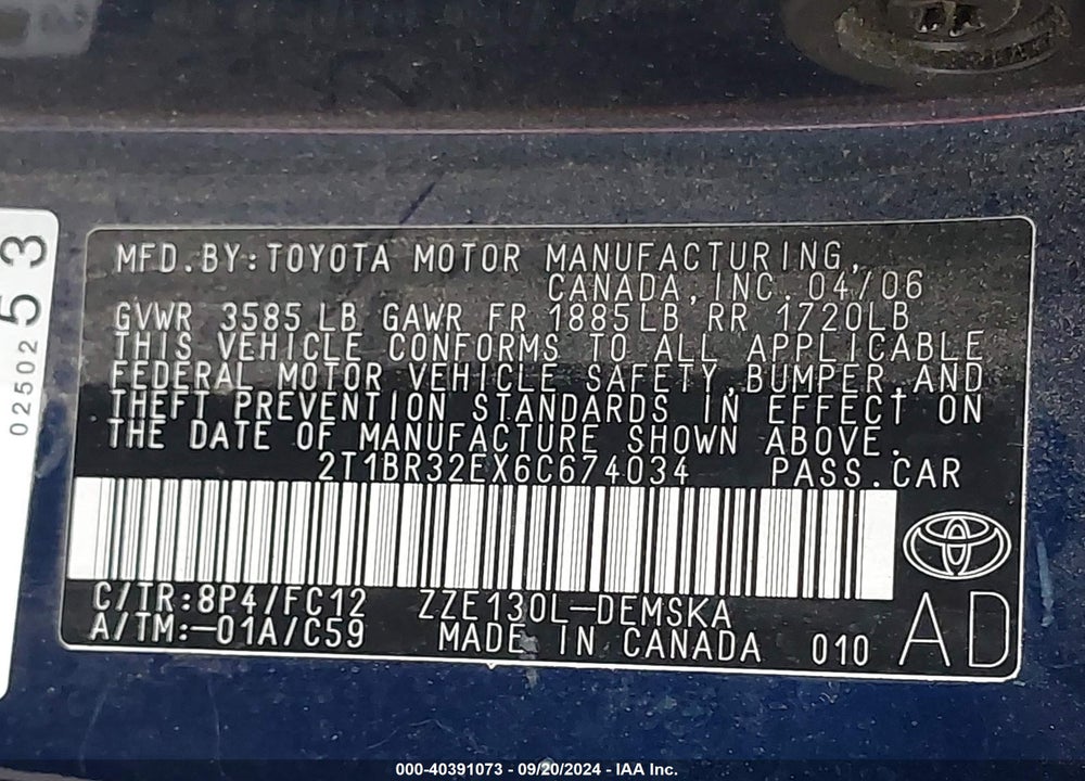 2006 TOYOTA COROLLA S VIN: 2T1BR32EX6C674034