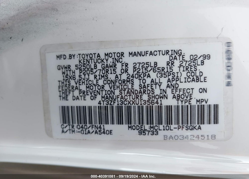 1999 TOYOTA SIENNA LE VIN: 4T3ZF13CXXU135641