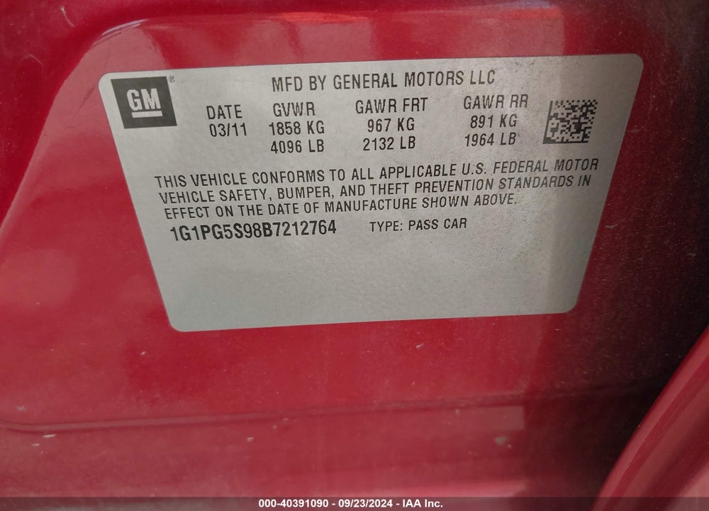 2011 CHEVROLET CRUZE 2LT VIN: 1G1PG5S98B7212764