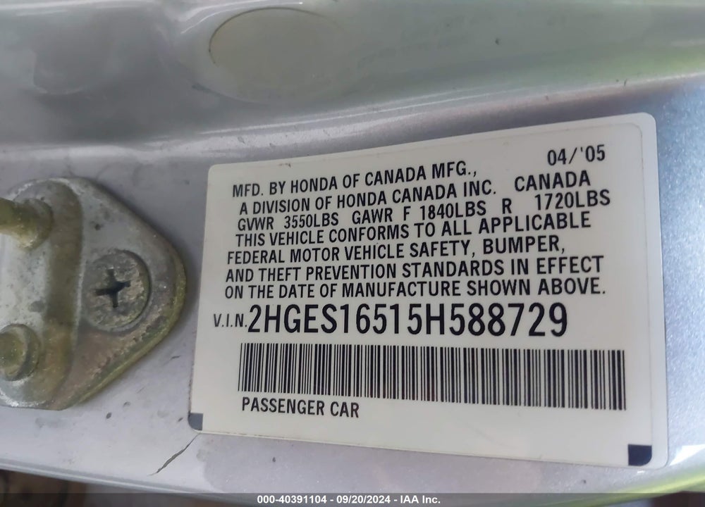 2005 HONDA CIVIC LX VIN: 2HGES16515H588729