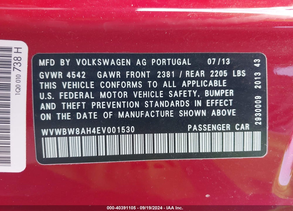2014 VOLKSWAGEN EOS KOMFORT VIN: WVWBW8AH4EV001530