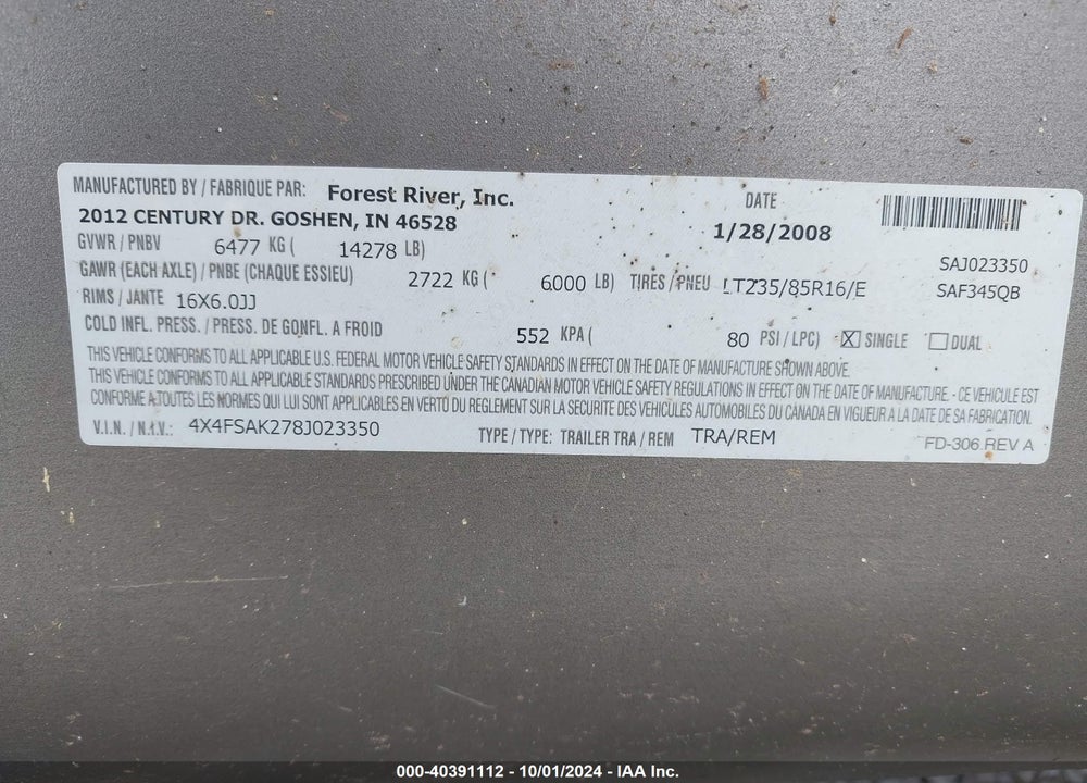 2008 SANDPIPER OTHER VIN: 4X4FSAK278J023350