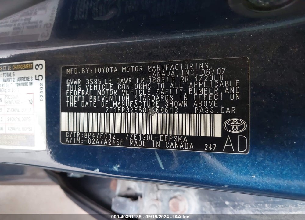 2008 TOYOTA COROLLA S VIN: 2T1BR32E68C868613