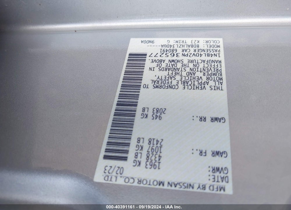 2023 NISSAN ALTIMA SV FWD VIN: 1N4BL4DV2PN365277