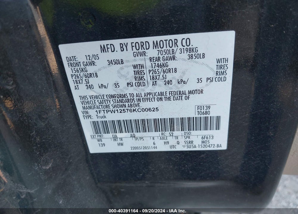 2006 FORD F-150 LARIAT/XLT VIN: 1FTPW12576KC00625