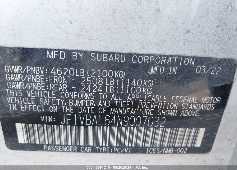 2022 SUBARU WRX LIMITED VIN: JF1VBAL64N9007032