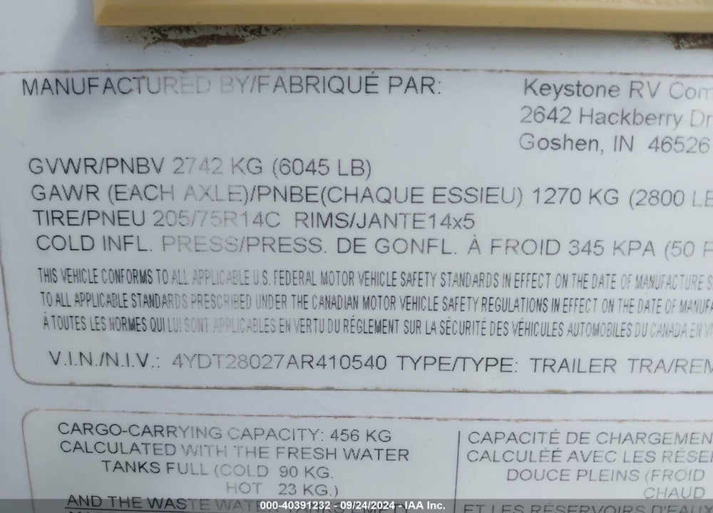 2010 PASSPORT ULTRA LITE VIN: 4YDT28027AR410540