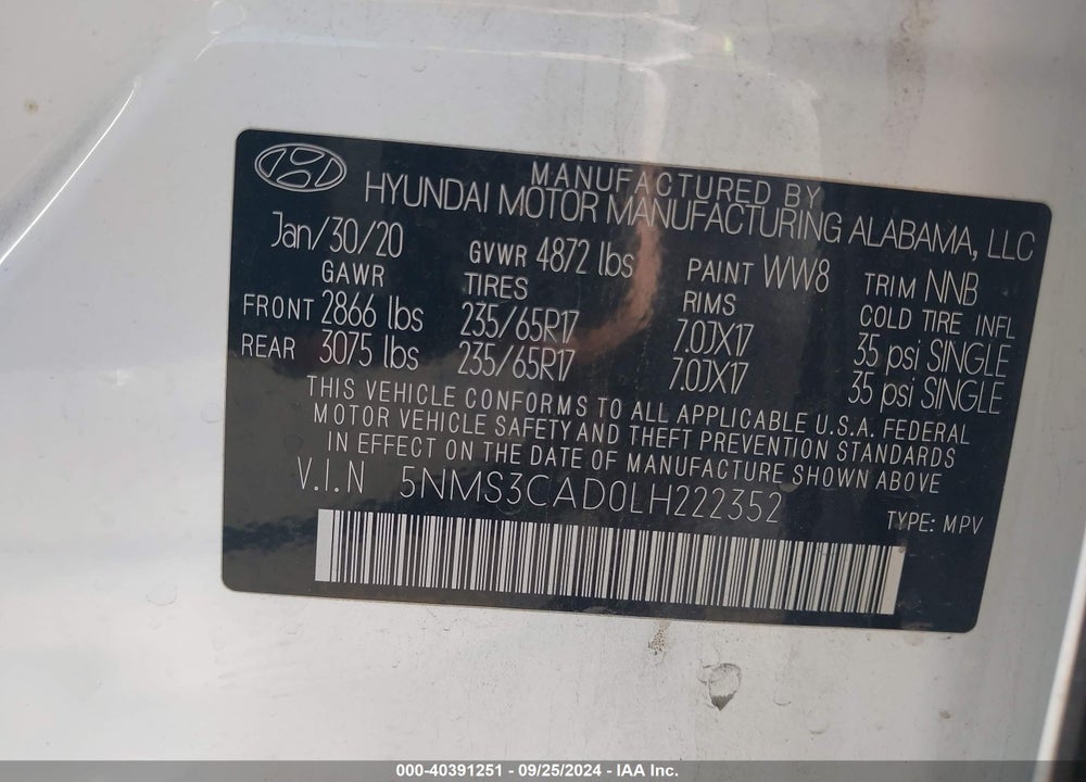 2020 HYUNDAI SANTA FE SEL VIN: 5NMS3CAD0LH222352