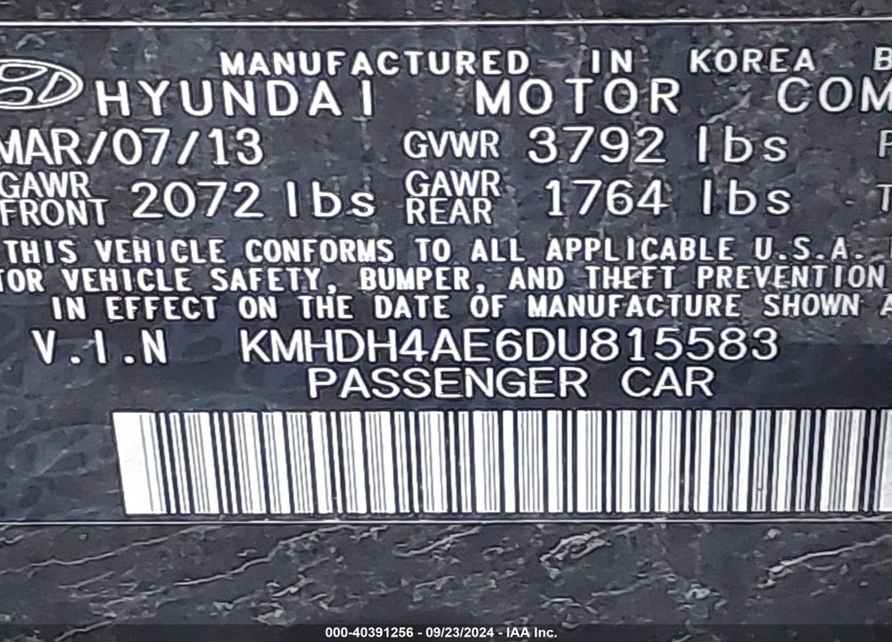 2013 HYUNDAI ELANTRA GLS VIN: KMHDH4AE6DU815583