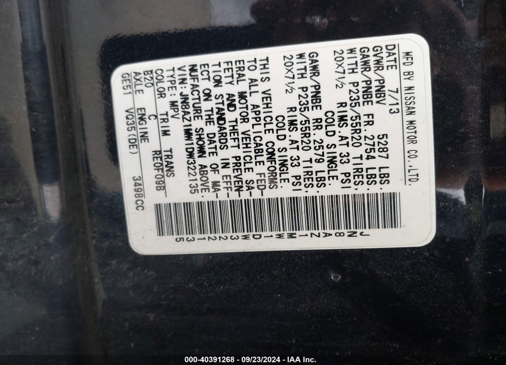 2013 NISSAN MURANO LE VIN: JN8AZ1MW1DW322135