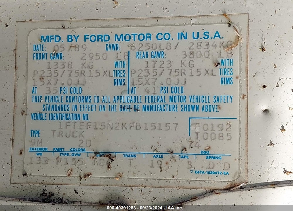 1989 FORD F150 VIN: 1FTEF15N2KPB15157