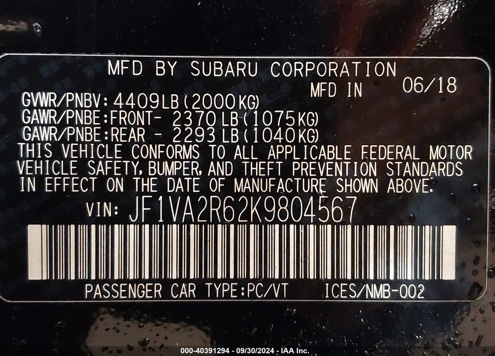 2019 SUBARU WRX STI VIN: JF1VA2R62K9804567