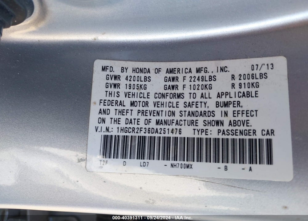 2013 HONDA ACCORD LX VIN: 1HGCR2F36DA251476