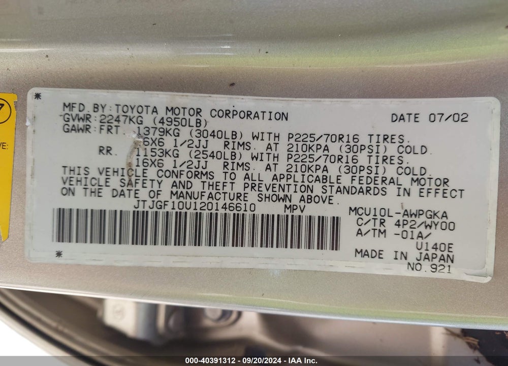 2002 LEXUS RX 300 VIN: JTJGF10U120146610
