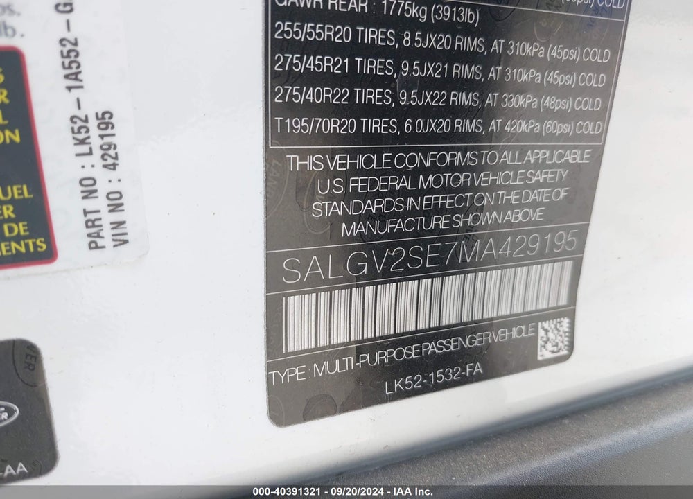2021 LAND ROVER RANGE ROVER AUTOBIOGRAPHY VIN: SALGV2SE7MA429195