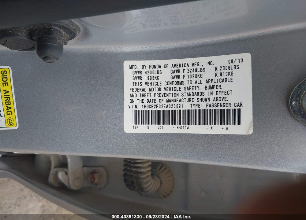 2014 HONDA ACCORD LX VIN: 1HGCR2F32EA020091