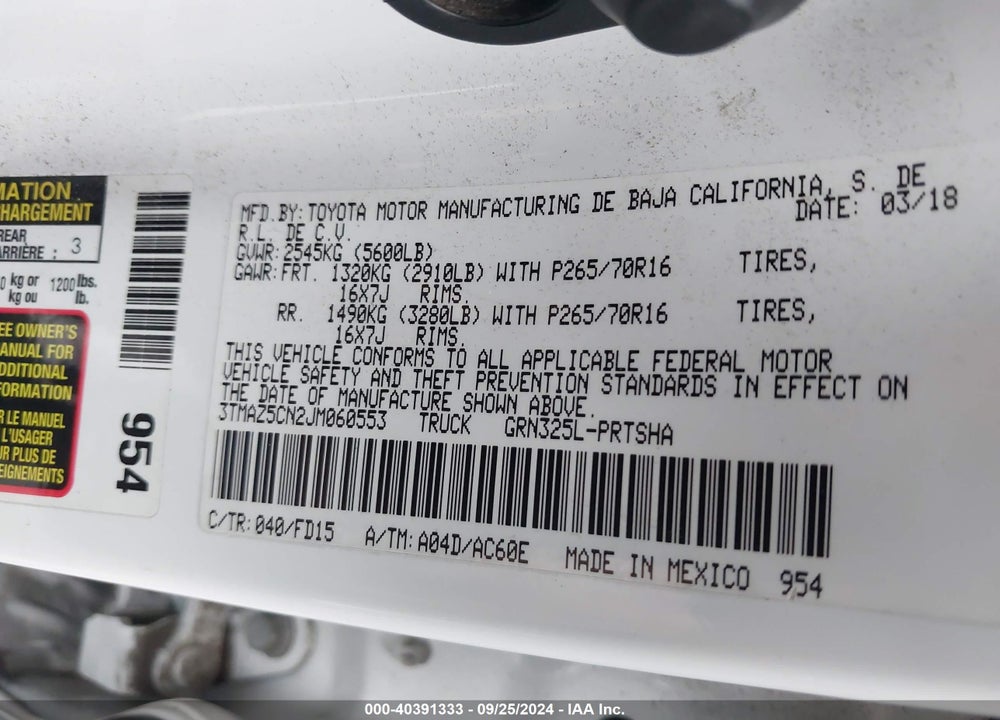 2018 TOYOTA TACOMA TRD OFF ROAD VIN: 3TMAZ5CN2JM060553