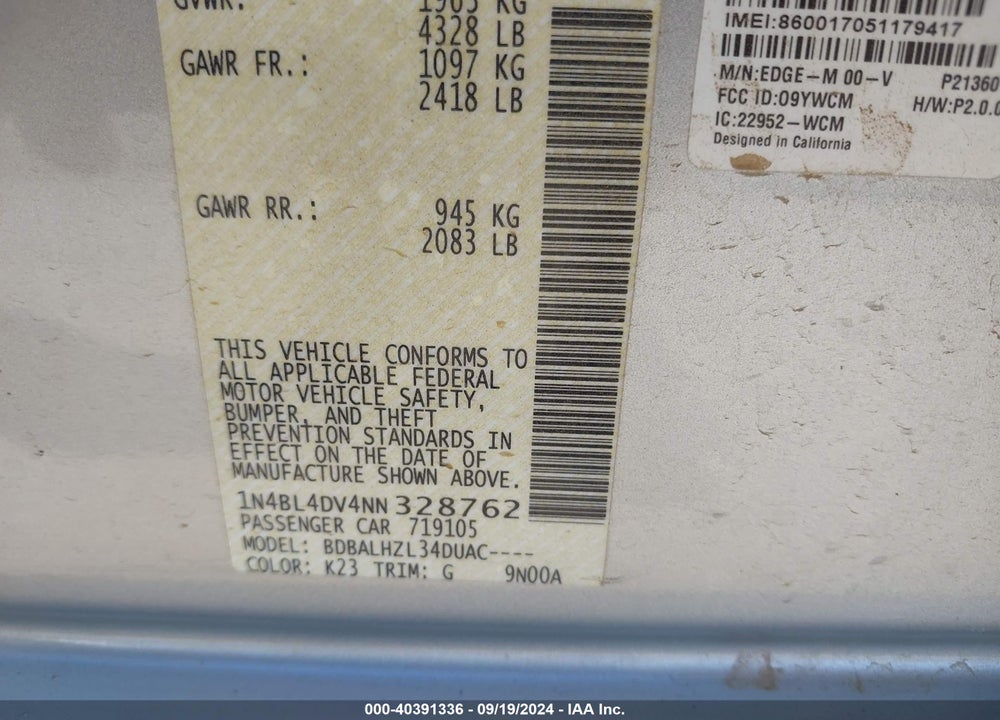 2022 NISSAN ALTIMA SV FWD VIN: 1N4BL4DV4NN328762