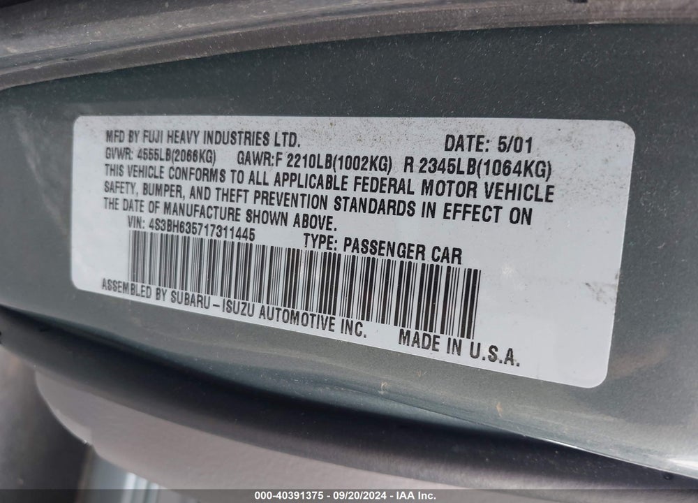 2001 SUBARU LEGACY L VIN: 4S3BH635717311445