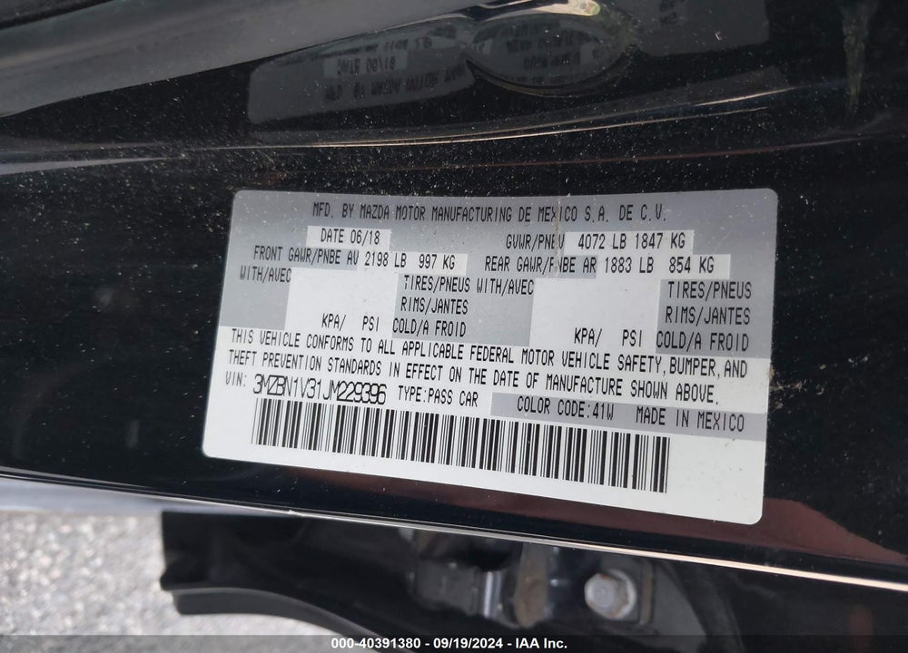 2018 MAZDA 3 TOURING VIN: 3MZBN1V31JM229396