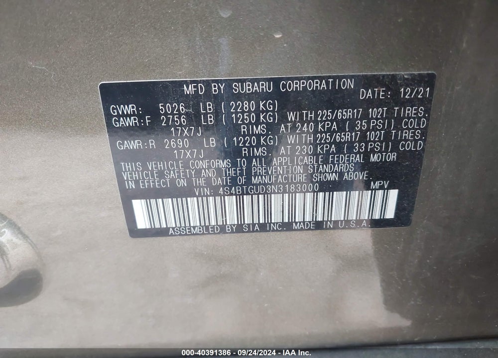 2022 SUBARU OUTBACK WILDERNESS VIN: 4S4BTGUD3N3183000
