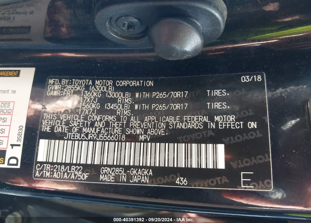 2018 TOYOTA 4RUNNER VIN: JTEBU5JR9J5566018