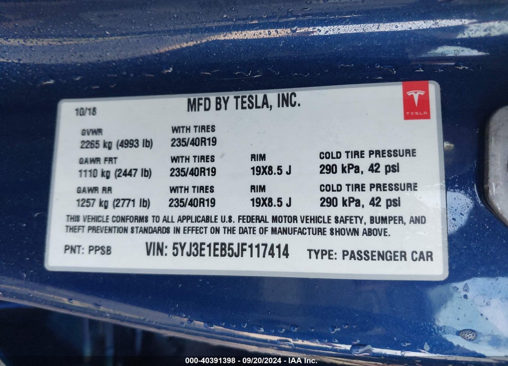 2018 TESLA MODEL 3 LONG RANGE/PERFORMANCE VIN: 5YJ3E1EB5JF117414