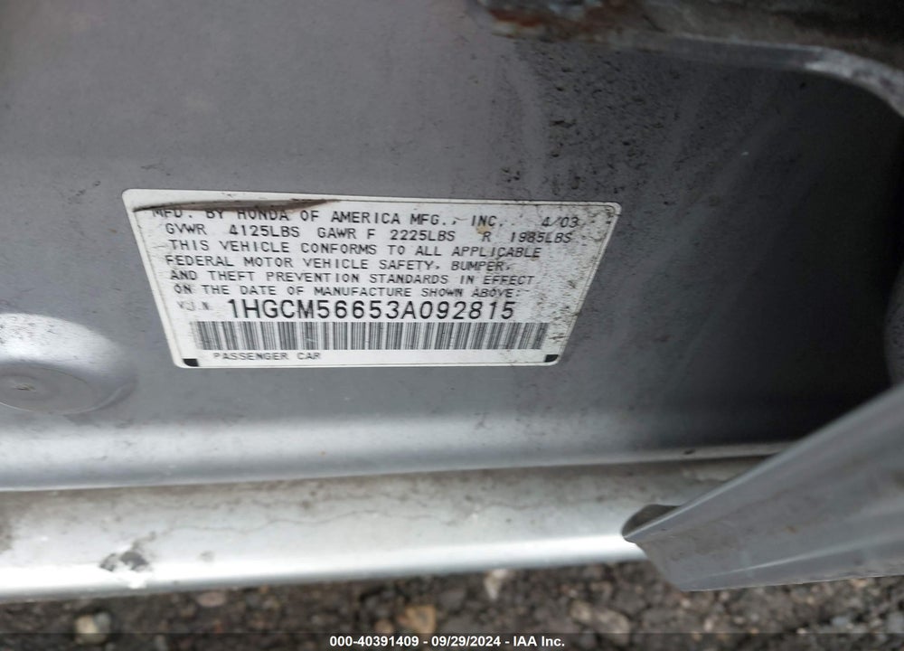 2003 HONDA ACCORD 2.4 EX VIN: 1HGCM56653A092815