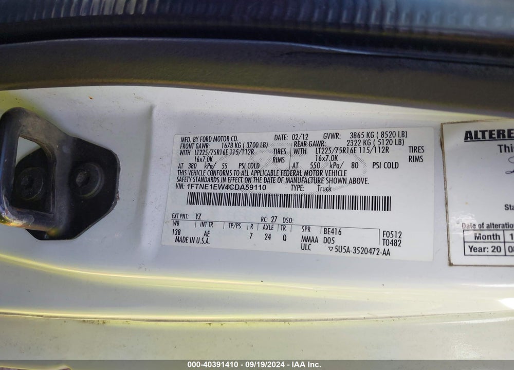 2012 FORD E-150 COMMERCIAL VIN: 1FTNE1EW4CDA59110