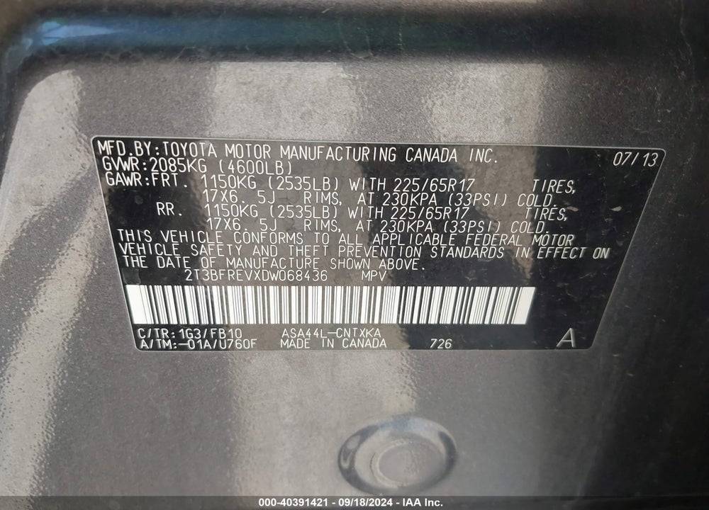 2013 TOYOTA RAV4 LE VIN: 2T3BFREVXDW068436