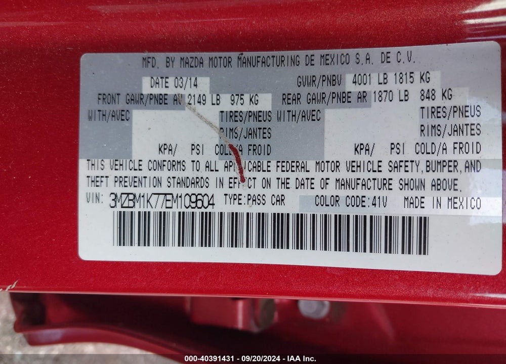 2014 MAZDA 3 I SPORT VIN: 3MZBM1K77EM109604