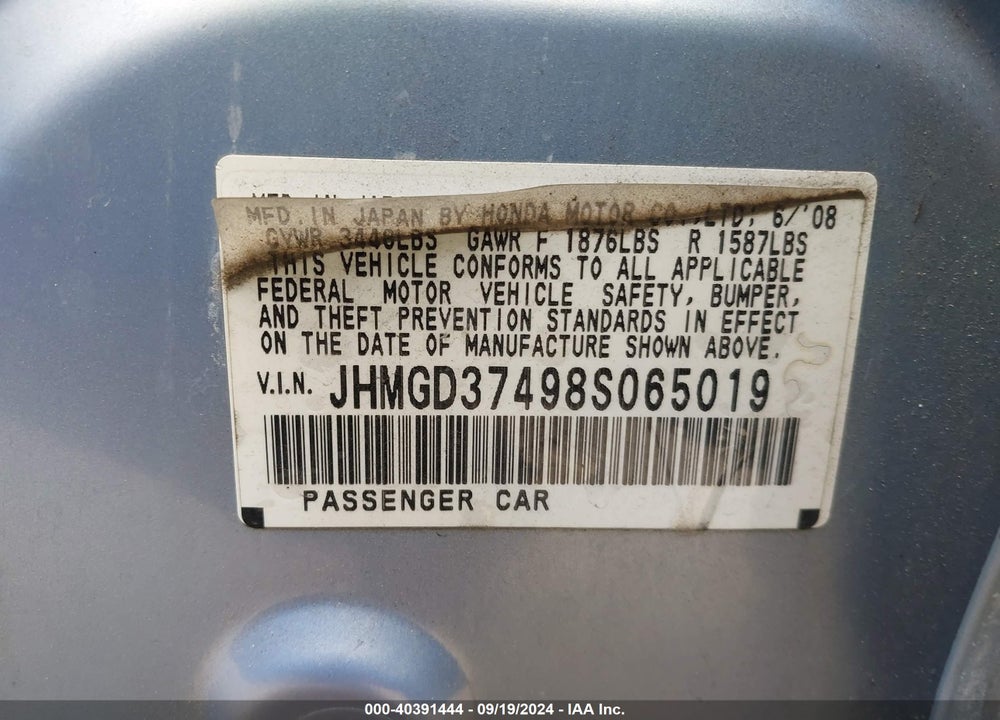 2008 HONDA FIT VIN: JHMGD37498S065019