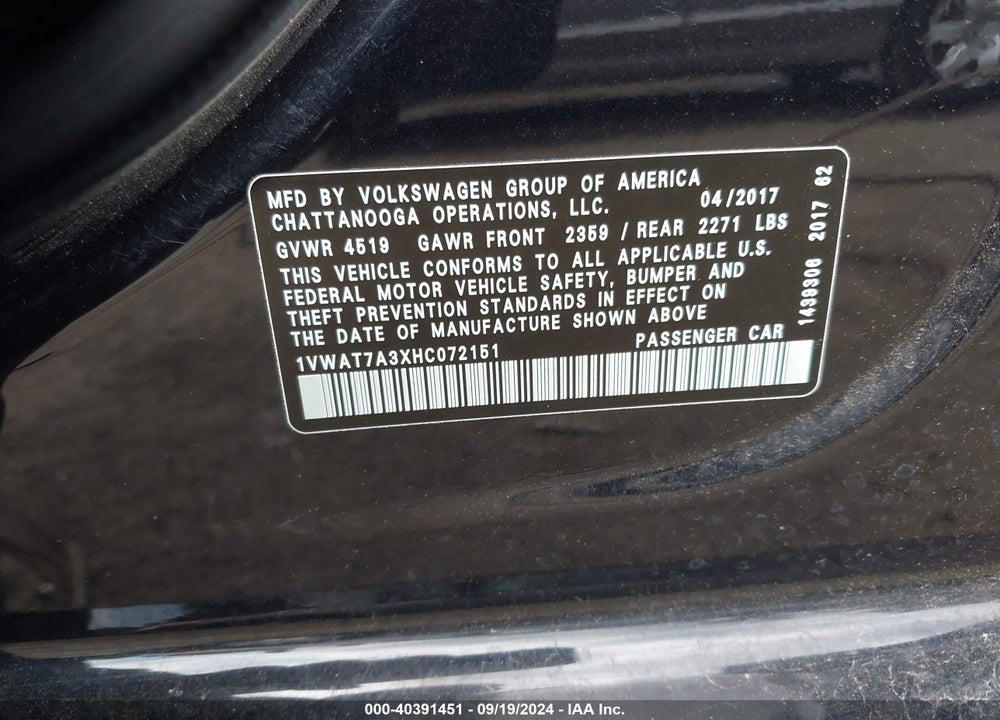 2017 VOLKSWAGEN PASSAT 1.8T S VIN: 1VWAT7A3XHC072151