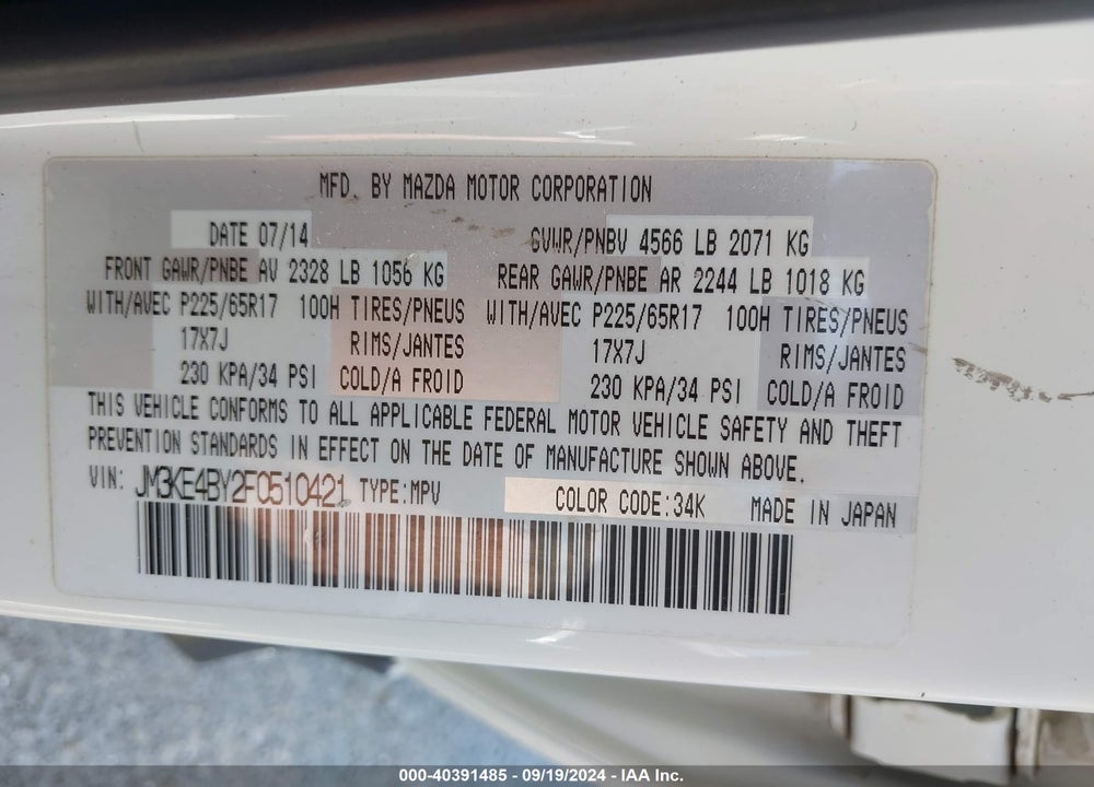 2015 MAZDA CX-5 SPORT VIN: JM3KE4BY2F0510421