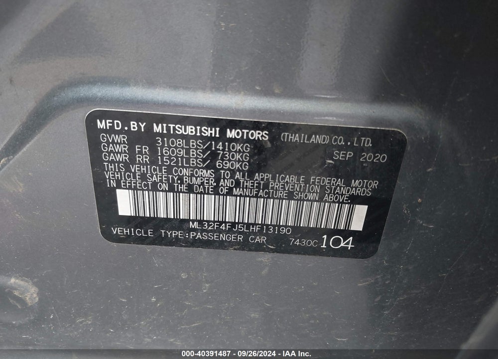 2020 MITSUBISHI MIRAGE G4 LE/SE VIN: ML32F4FJ5LHF13190